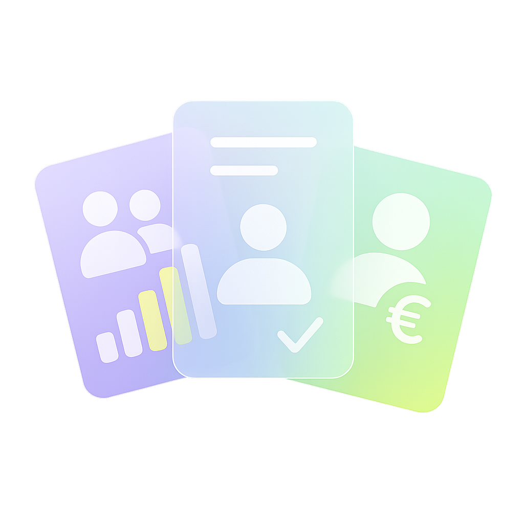 Tres tarjetas translúcidas con siluetas de personas que representan pymes, autónomos y personas físicas, con iconos de gráfica, check y símbolo €, para asesoría fiscal en Canarias.